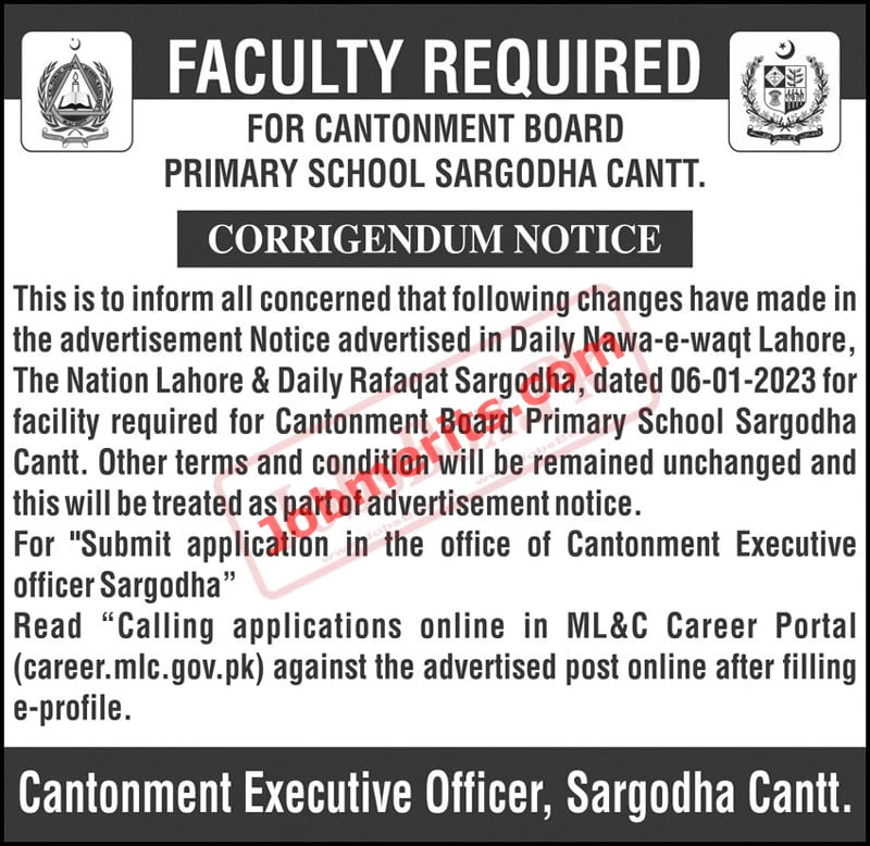 Cantonment Board Primary School Sargodha Jobs 2023