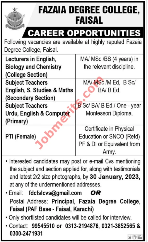 Fazaia Degree College Faisal Teaching Jobs 2023