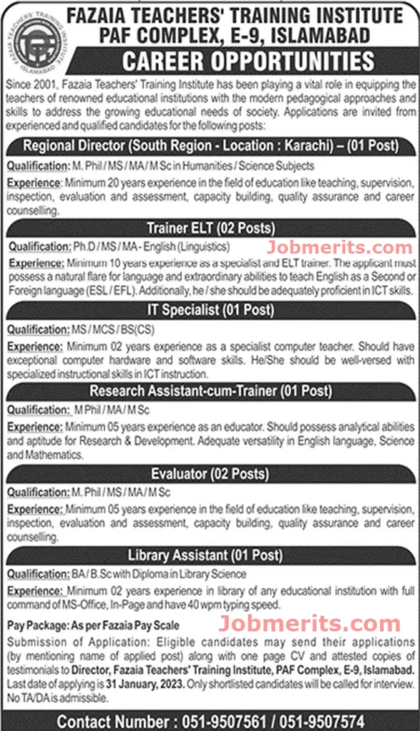 Fazaia Teachers Training Institute PAF Islamabad Jobs 2023