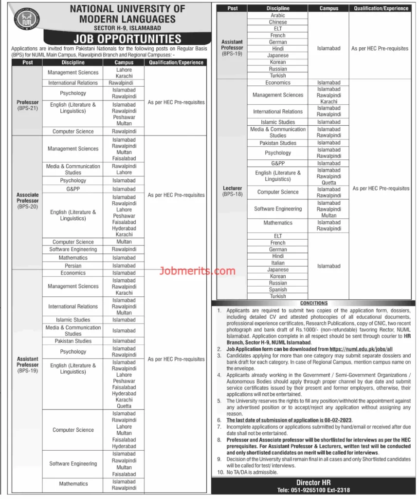 National University of Modern Language NUML Jobs 2023 Advertisement: