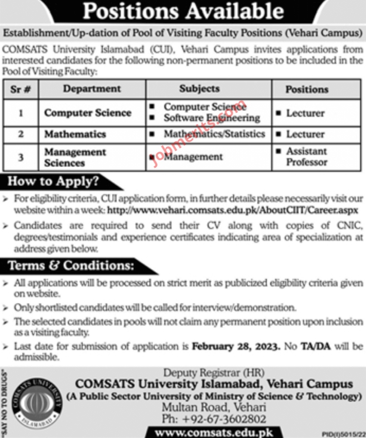 COMSATS University Vehari Campus Jobs 2023