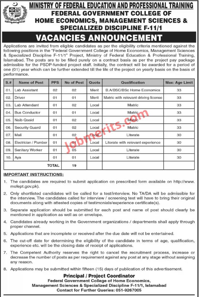 FG College of Home Economics Management Sciences Jobs 2023