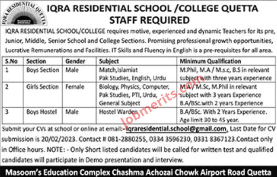 Iqra Residential School Quetta Jobs 2023