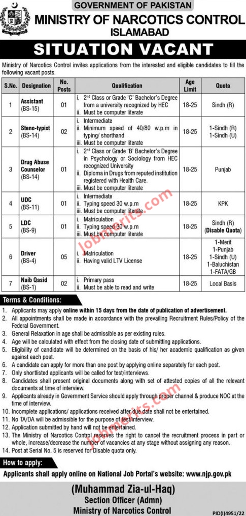 Ministry of Narcotics Control Jobs 2023