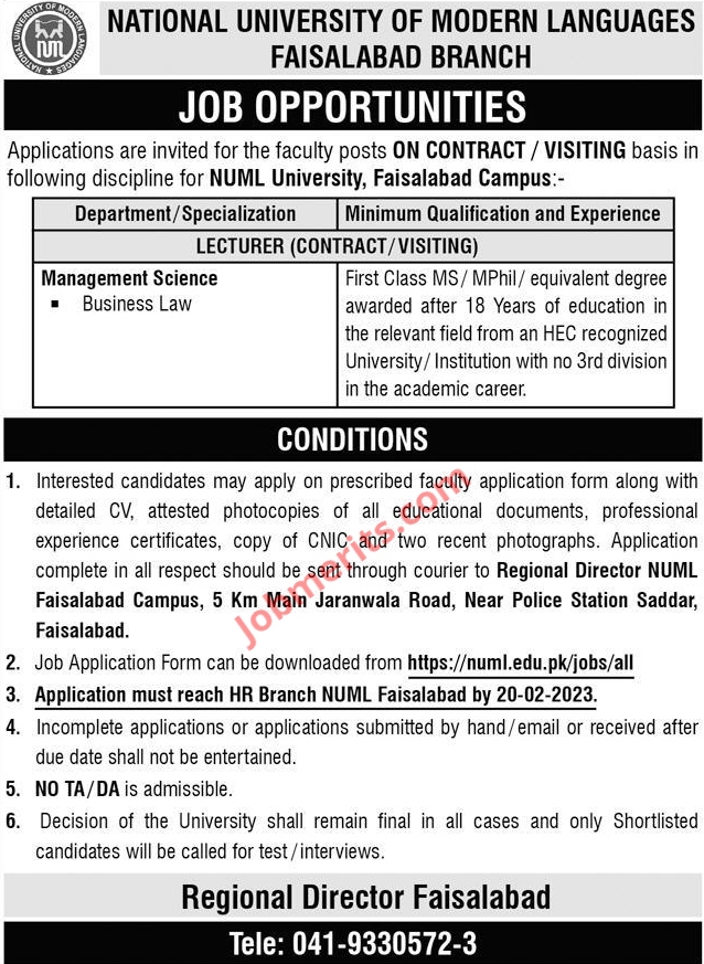 NUML Faisalabad Campus Jobs 2023