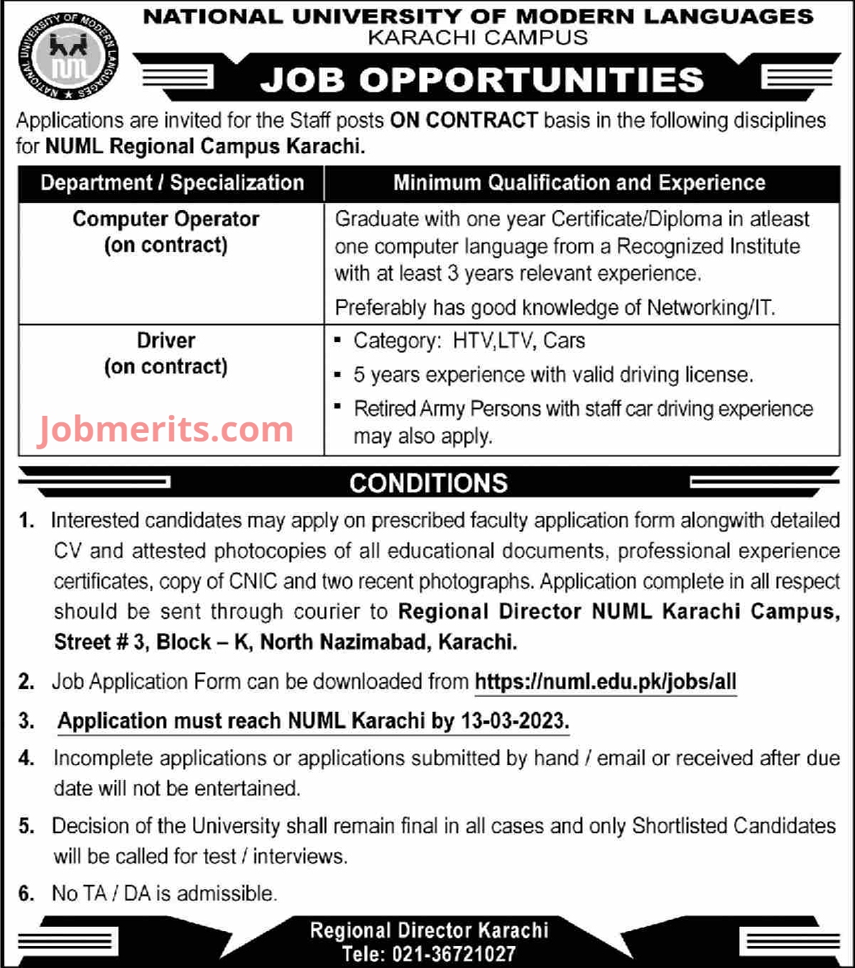 NUML Regional Campus Karachi Jobs 2023